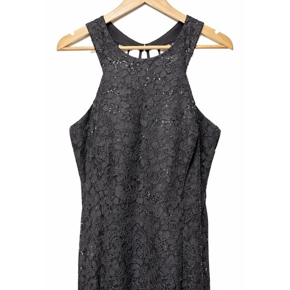Morgan & Co Black Sequin Lace Halter Maxi Gown Strappy Back Womens 16W - Picture 4 of 12